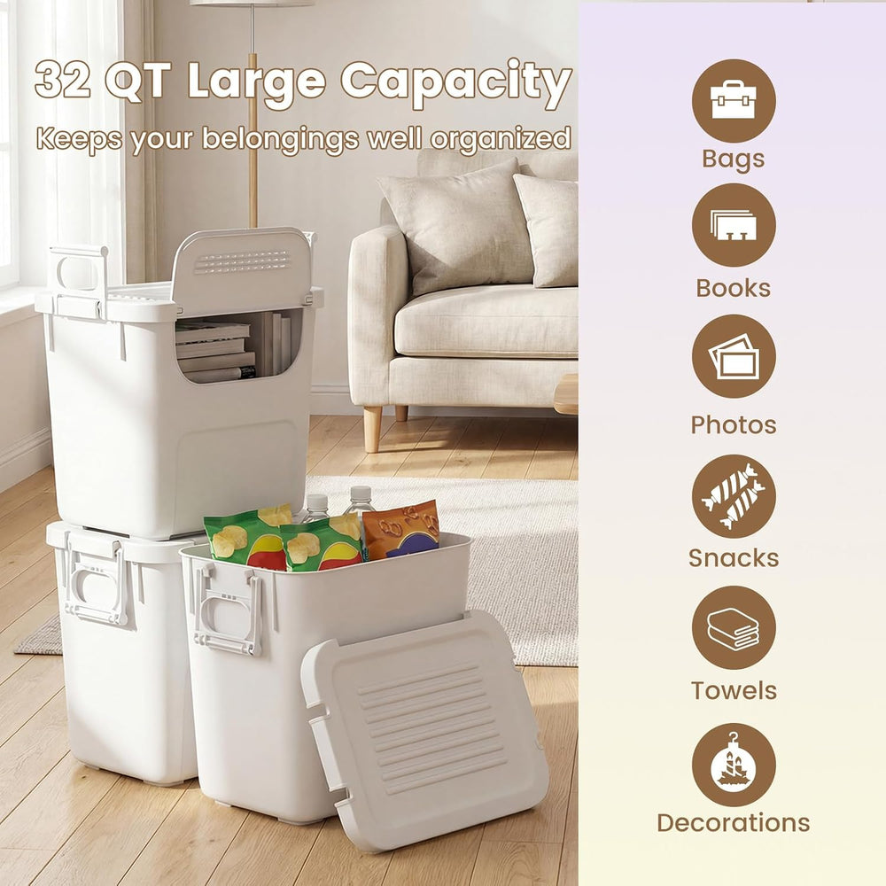 GOFLAME 3 Pack Plastic Storage Bins, 32QT Stackable Storage Containers with R...