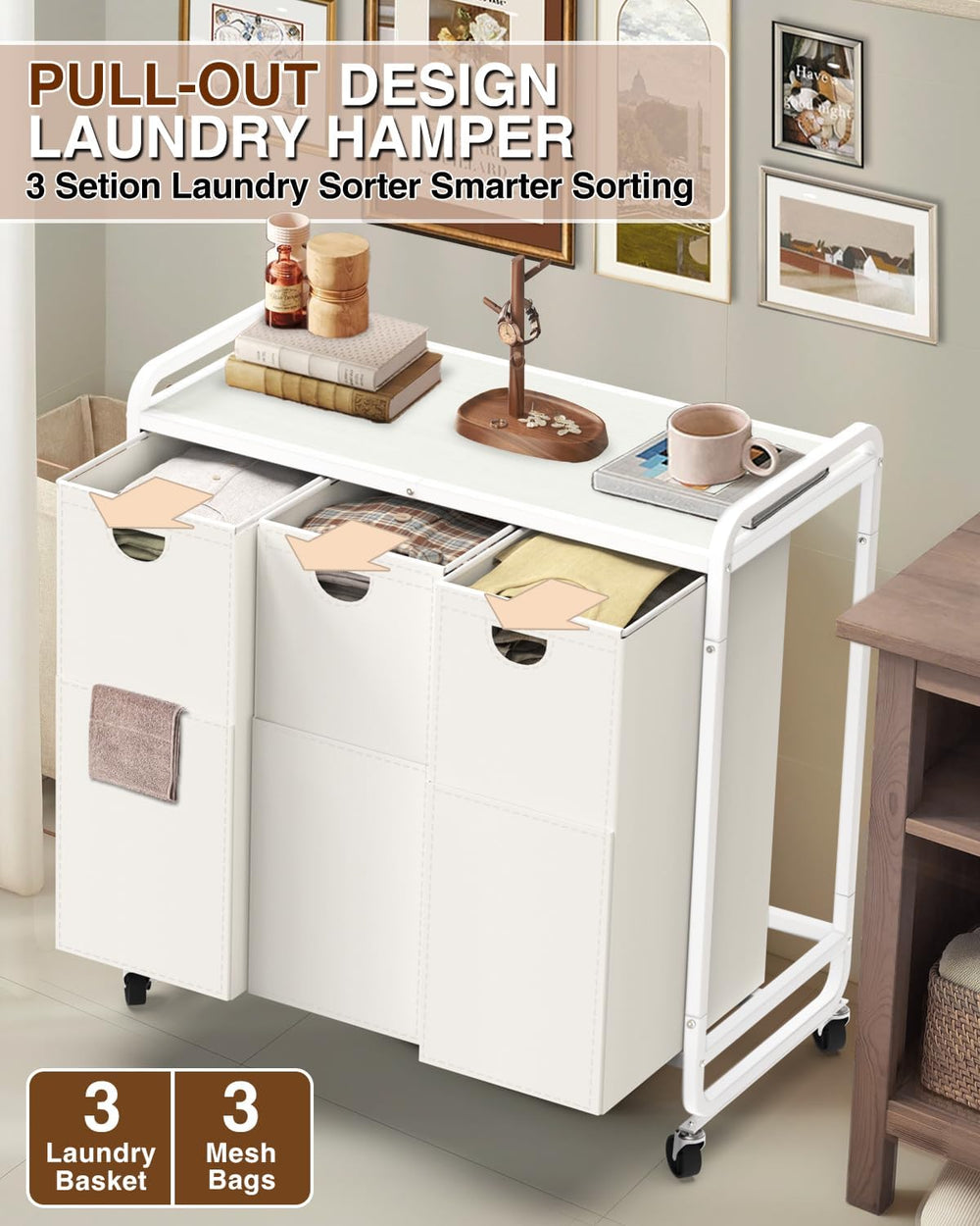 Laundry Hamper 3 Section,Laundry Basket with Wheels,3×15.8 Gal (60L) White