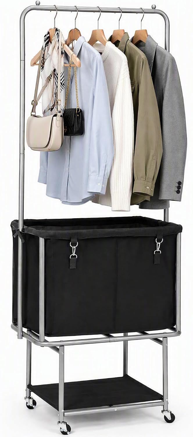 Rolling Laundry Cart 110L With Hanging Bar & Storage Shelf, Black