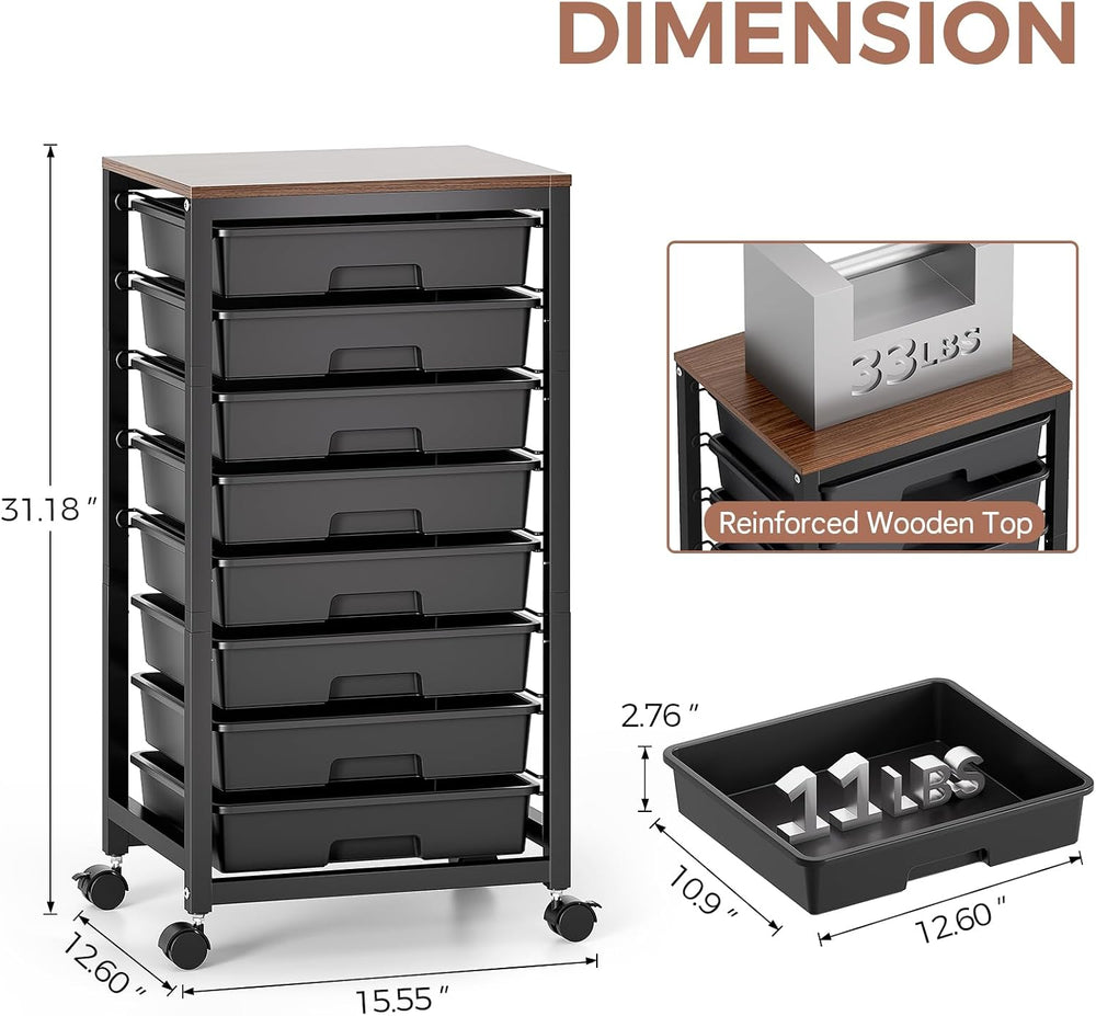 SYKIARIOL Rolling Storage Cart with Drawers, 8 Drawers Utility Cart,Black