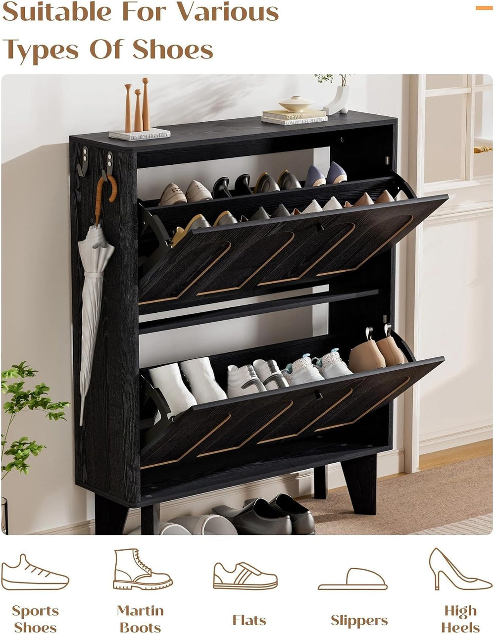 Shoe Storage Cabinet with 2 Flip Drawers, Narrow Shoe Cabinet for Entryway, W...