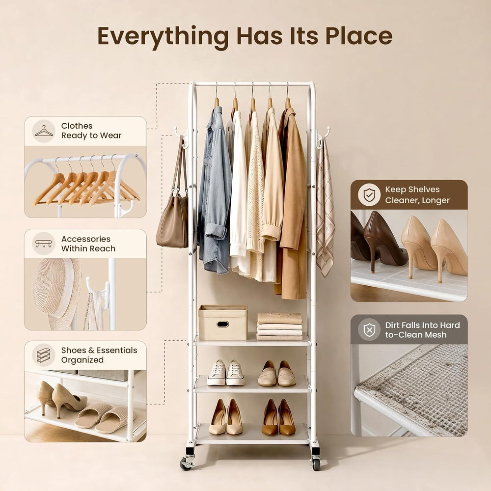 Cesun Small Clothes Rack with 3-Tier Mesh Shelves & 8 Hooks, White