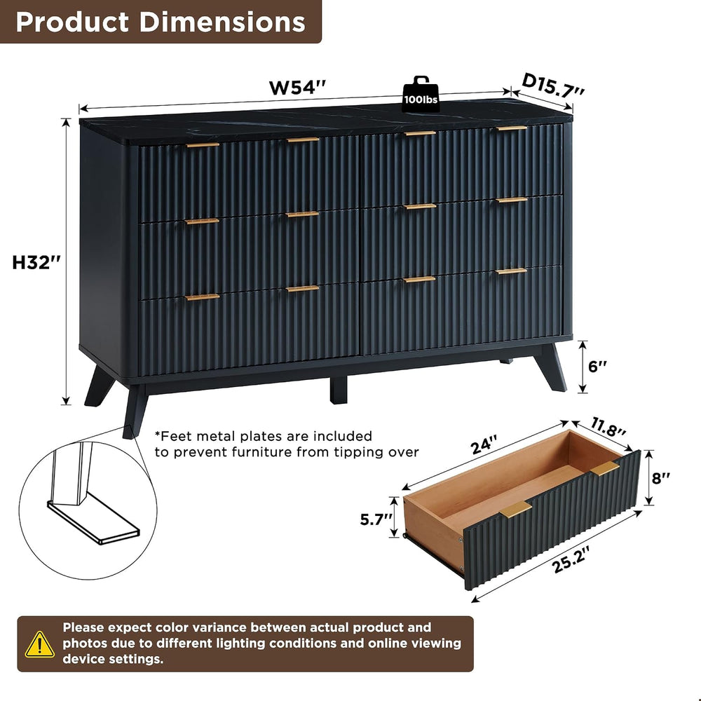 T4TREAM 54" Wide Fluted 6 Drawer Dresser for Bedroom, Dark Grey