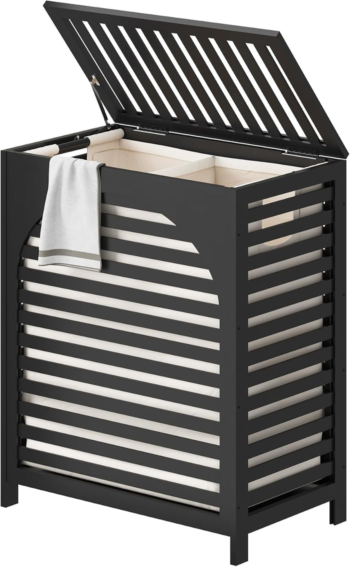 Laundry Hamper with Lid, Bamboo with Handles and Removable Liner Bag, 125L Laundry Basket for Bedroom, Bathroom & Laundry Room(Black)