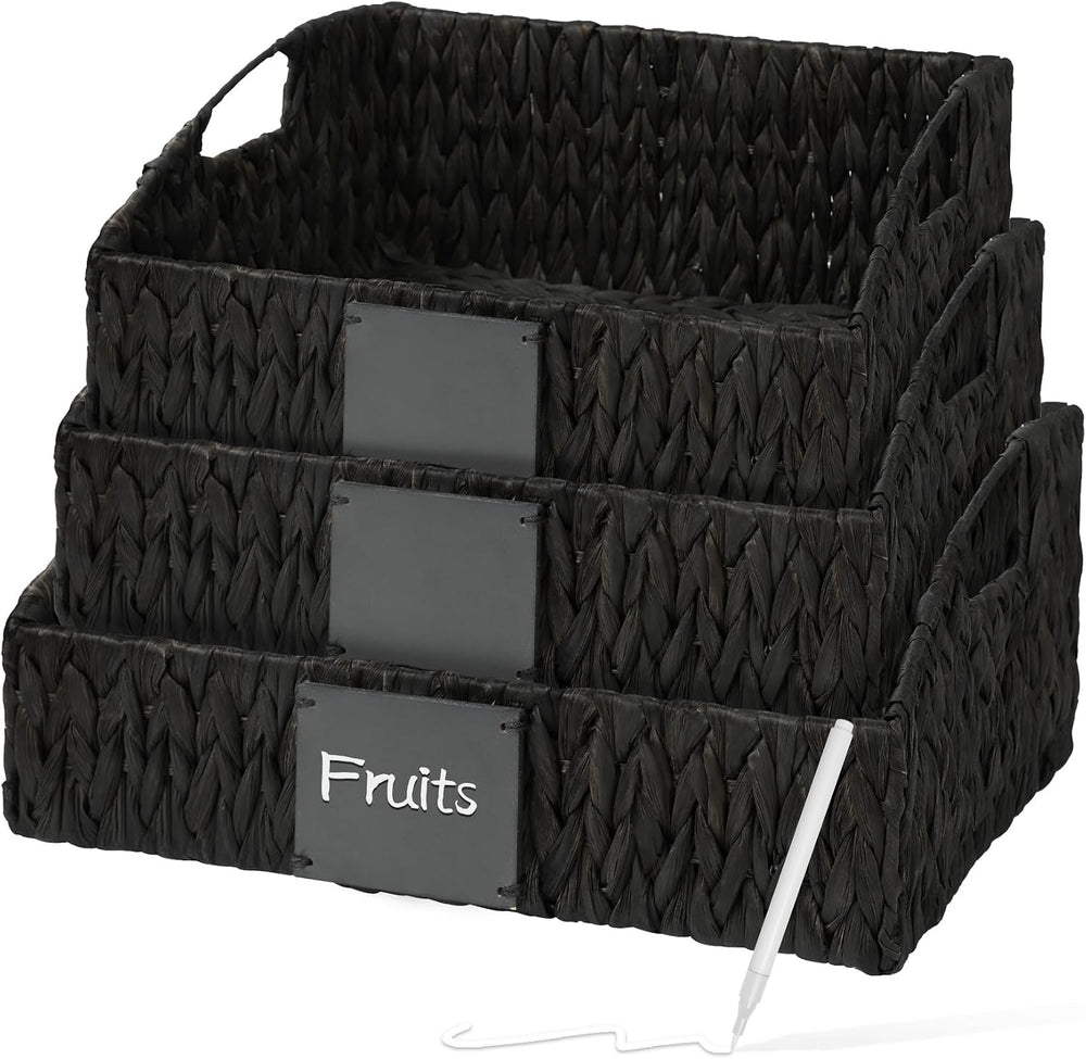 Black Pantry Baskets, Wicker Baskets for Shelves Organizing