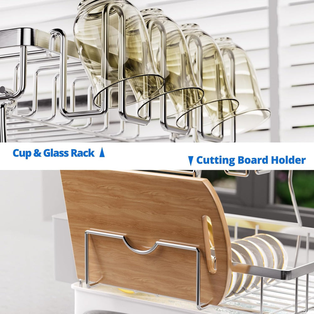 Godboat 2-Tier Dish Drying Rack - 304 Stainless Steel Dish Rack Auto Drain