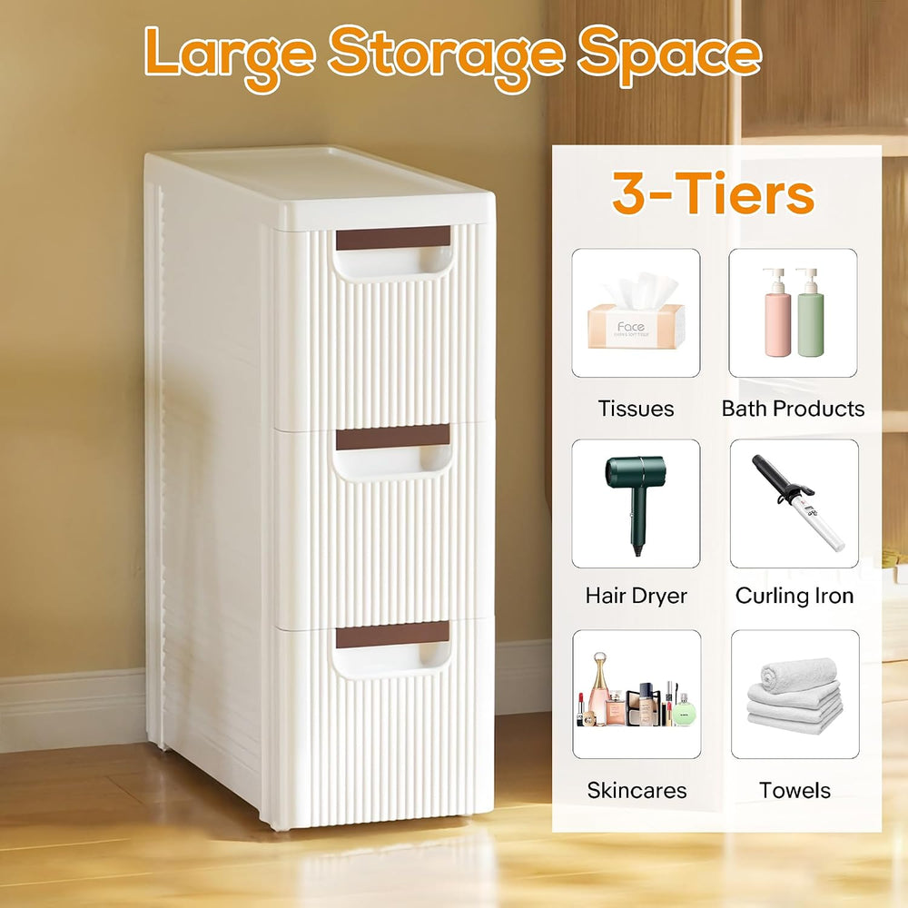 3 Drawer Slim Bathroom Cabinet, Narrow Rolling Cart Organizer, White