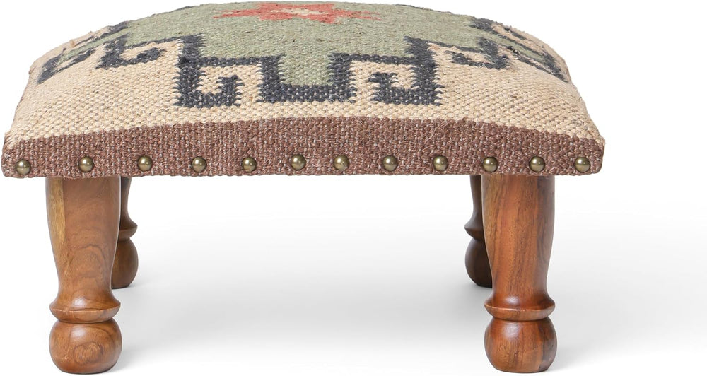 Upholstered Ottoman Footstool with Tribal Aztec Fabric | Rustic Wooden Accent...