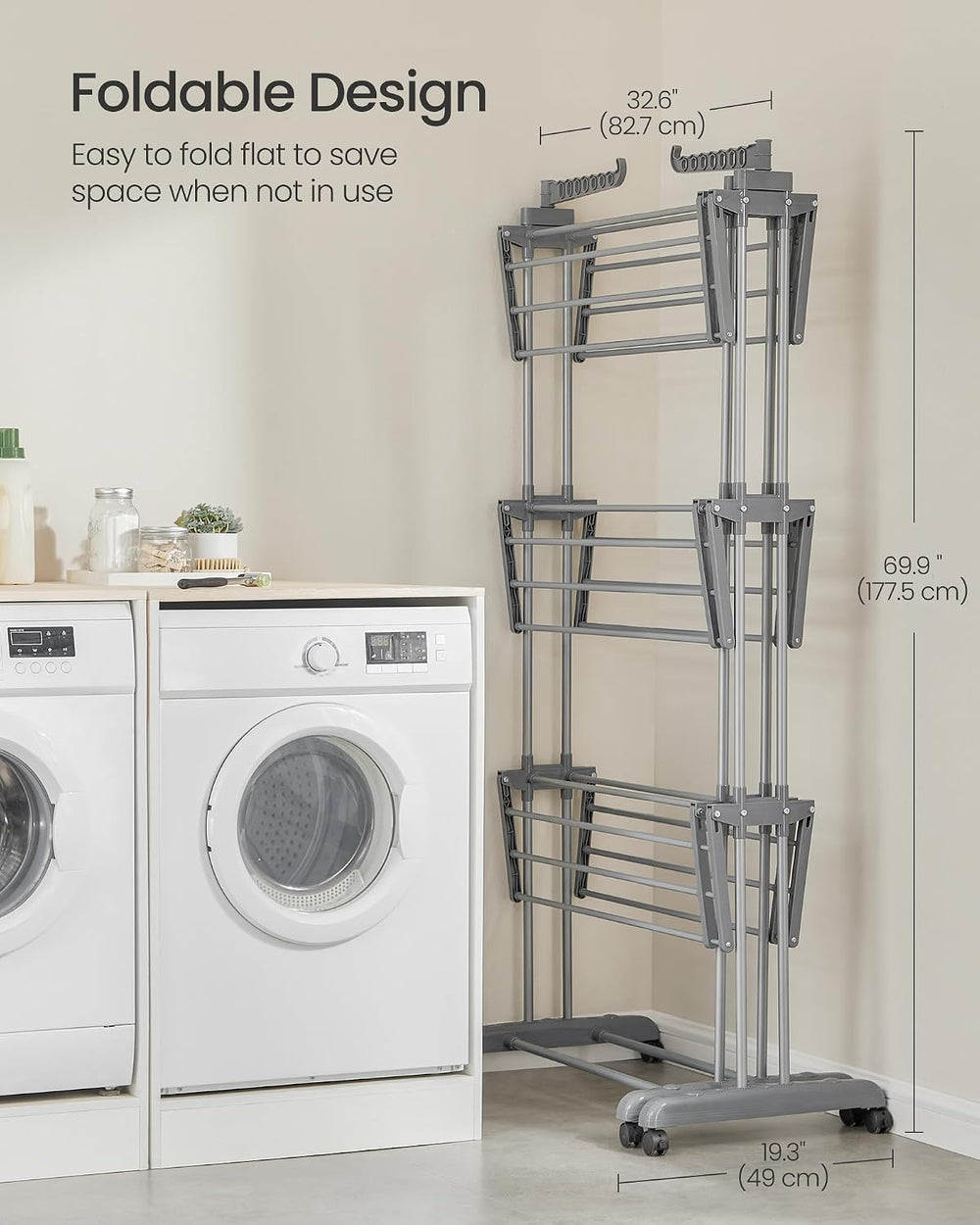 SONGMICS 4-Tier Clothes Drying Rack, Foldable, Rolling, 69.9-Inch Tall