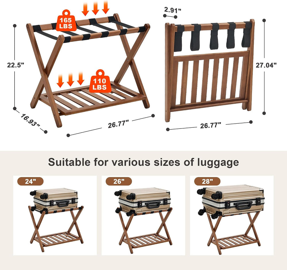 Fully Assembled Walnut Luggage Racks Set of 2, Bamboo Luggage Stand