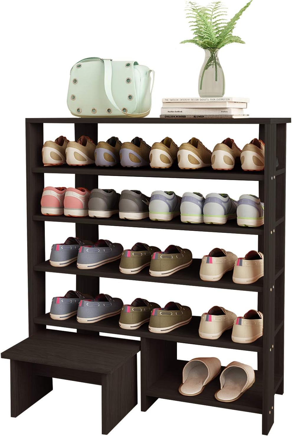 Jerry & Maggie - 5 Tier Wood MDF Shelf Shoe Rack with One Footstool/Shoe ...