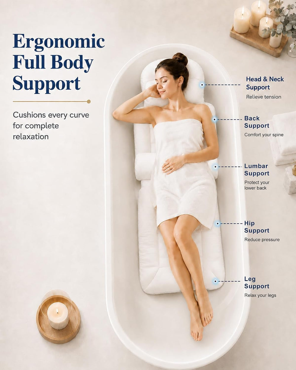 Full Body Bath Pillow for Bathtub, White 52" x 17"
