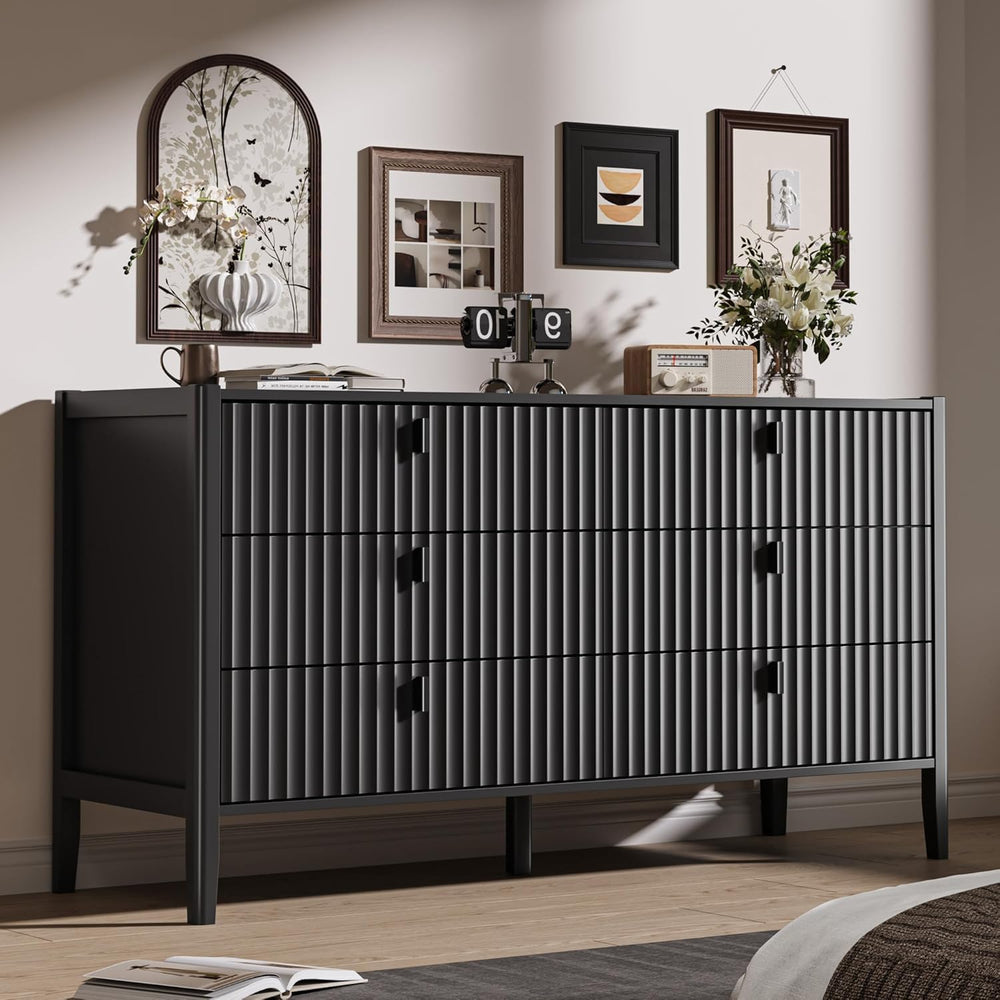 MAISONARIA Black 6 Drawer Dresser for Bedroom, Modern Wood Dresser, Fluted De...