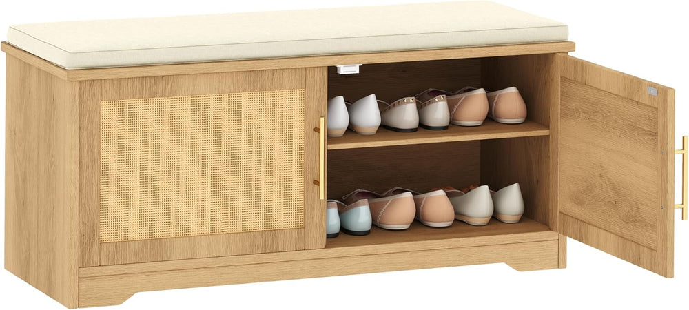 Rattan Shoe Storage Bench, 39.4" Wide Entryway Bench, Natural Oak