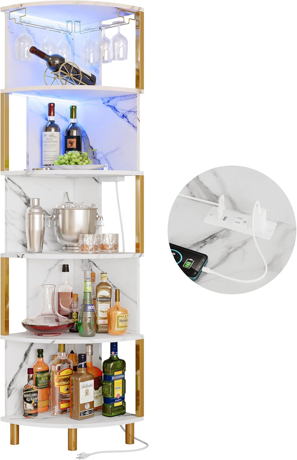 IRONCK Corner Bar Cabinet with LED Lights & Power Outlets, 5-Tier Corner ...