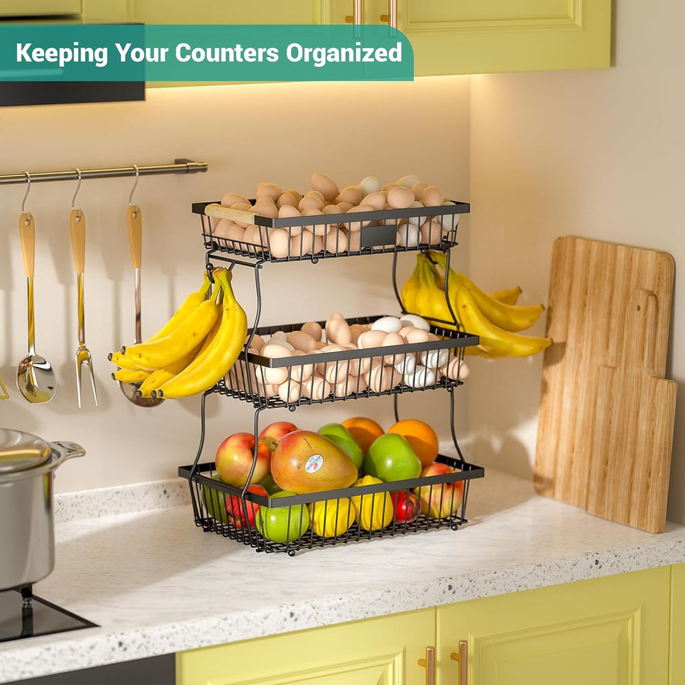 3 Tier Fruit Basket for Kitchen Counter with 2 Banana Hangers, Countertop Met...