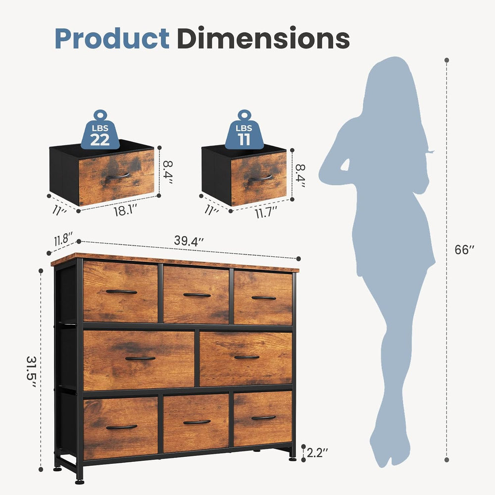 DUMOS Wide Dresser with 8 Fabric Drawers and Wood Top, Chest, Brown