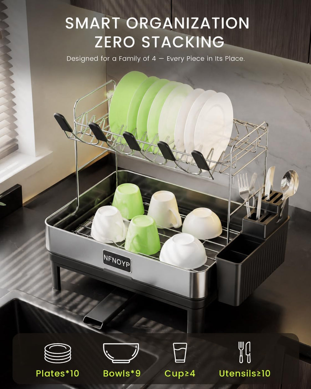 2 Tier Stainless Steel Dish Drying Rack for Kitchen Counter, Black