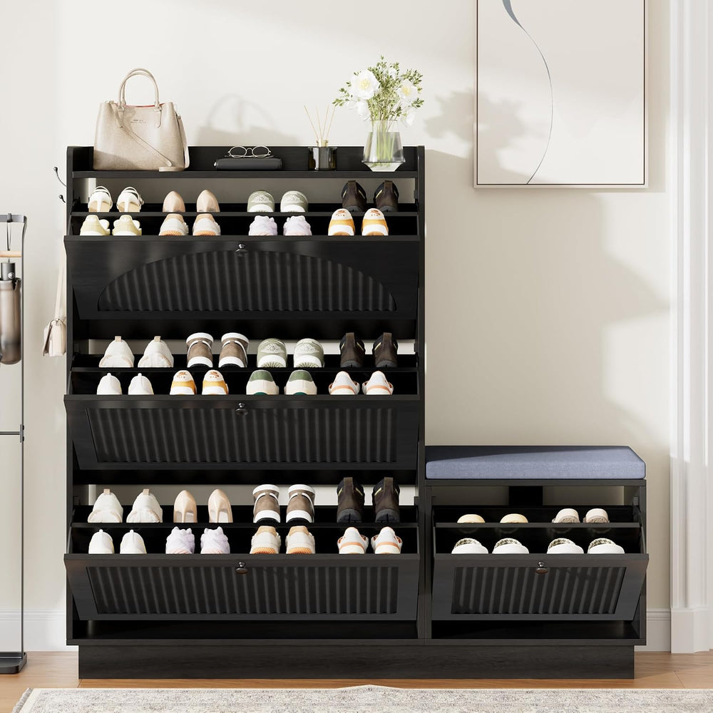 Shoe Storage Cabinet for Entryway with 4 Flip Drawers & Bench (Black)
