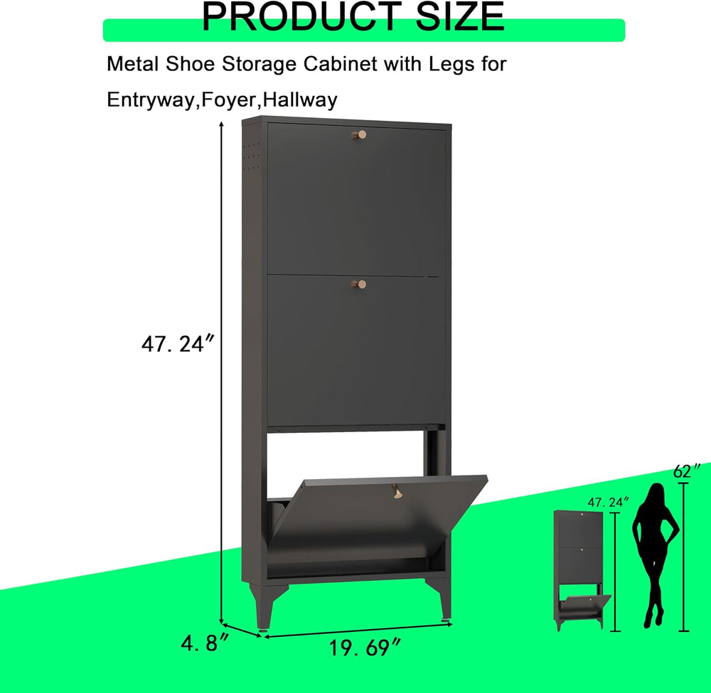 Shoe Storage Cabinet for Entryway with 3 Flip Drawers, Freestanding Shoe Orga...