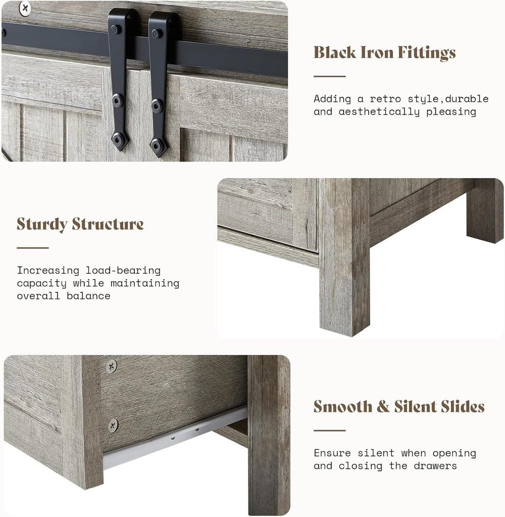 AMERLIFE 47" Farmhouse 4-Drawer Dresser with Barn Doors, Light Rustic Oak