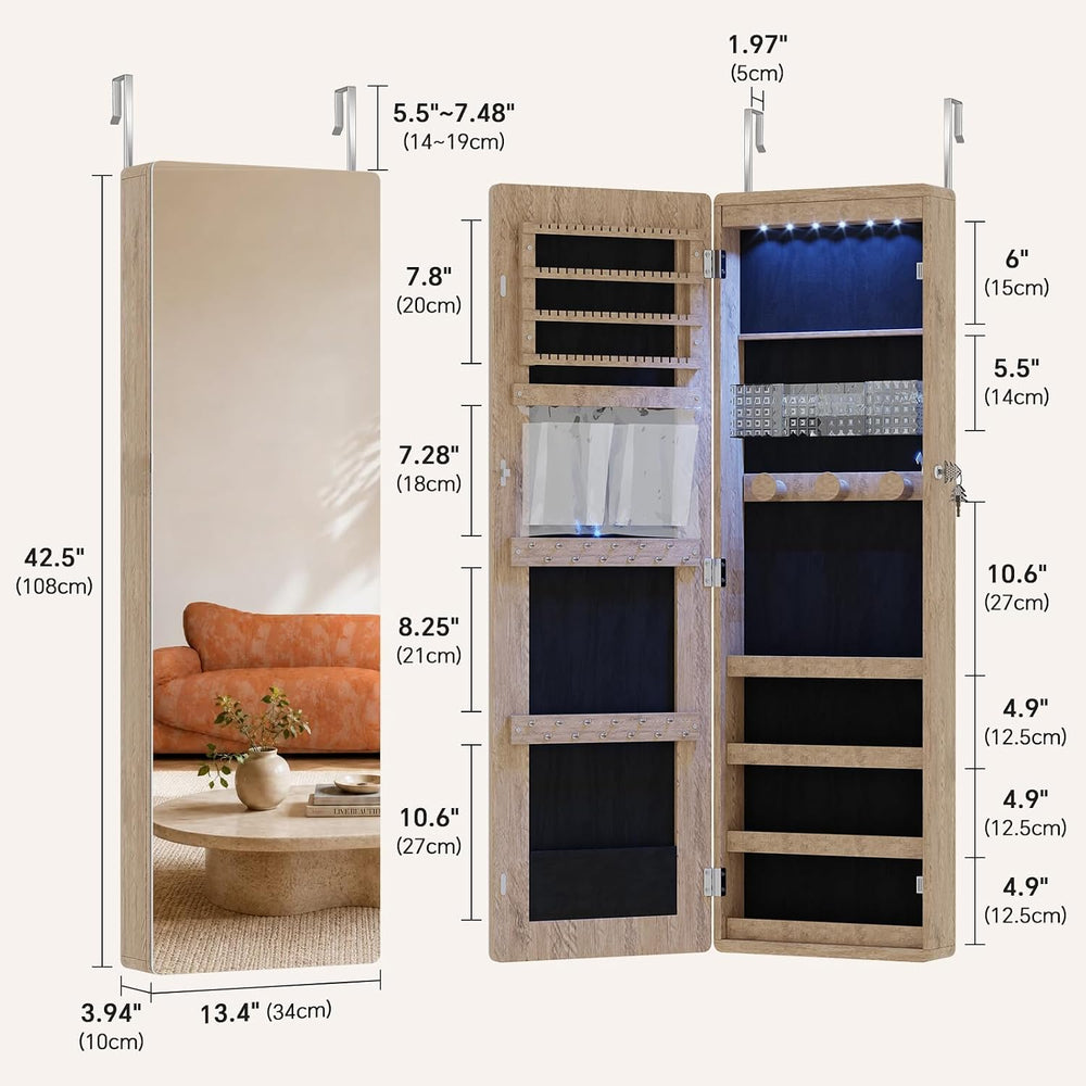 HNEBC Over the Door Organizer, Jewelry Cabinet with Lights,Brown