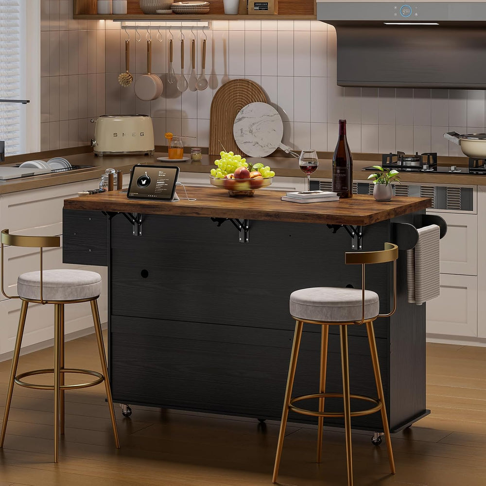 60" Kitchen Island with Drop Leaf & Trash Can Storage, Black
