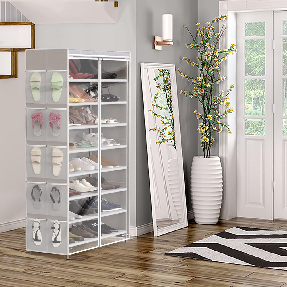 Simple Houseware 8 Tiers Shoe Rack w/Zipper Cover & Hanging Pockets, Gray