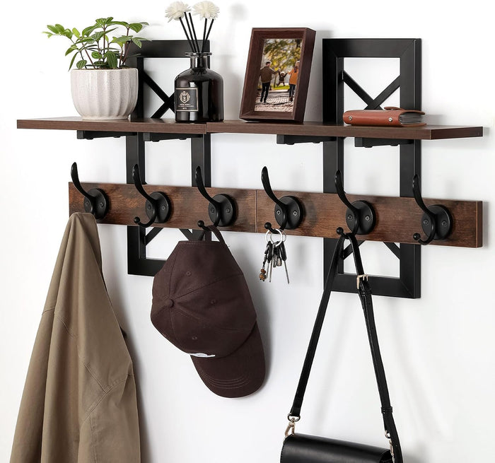 33.86" Wall Mounted Coat Rack with Shelf, Heavy Duty Entryway Wall Organizer with 6 Dual Hooks and Key Holder, Rustic Wood Coat Hanger for Coats, Bags, Hats, Hallway, Mudroom, Bathroom (Brown)