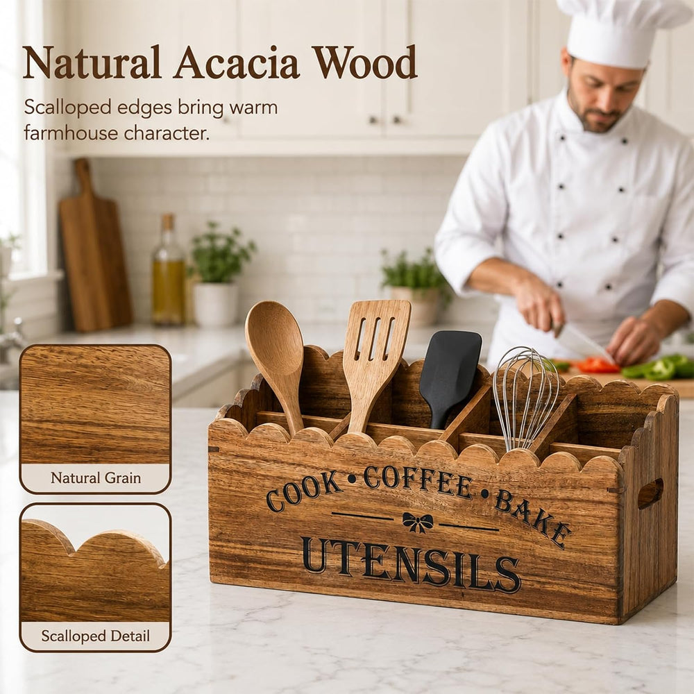 Acacia Wood Utensil Holder for Counter, 4-Compartment Organizer