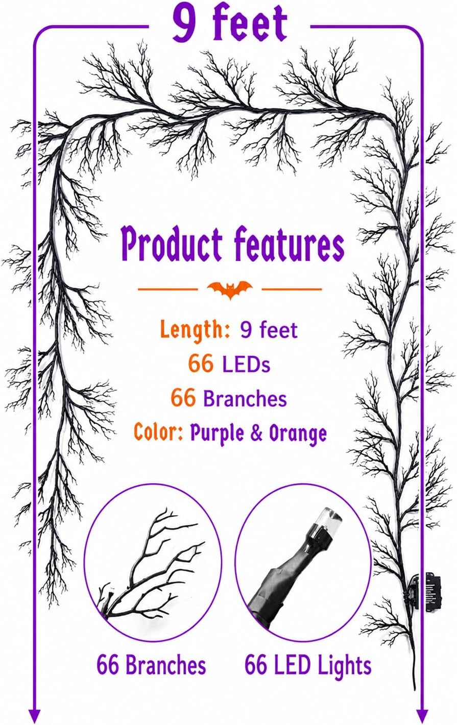 9 FT Halloween Twig Garland Decoration with 45 Purple LED Lights