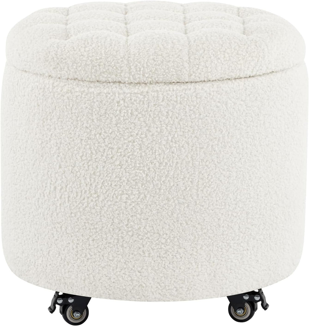 Furniliving Modern Round Storage Ottoman with Wheels,Button Tufted Ottoman Fo...