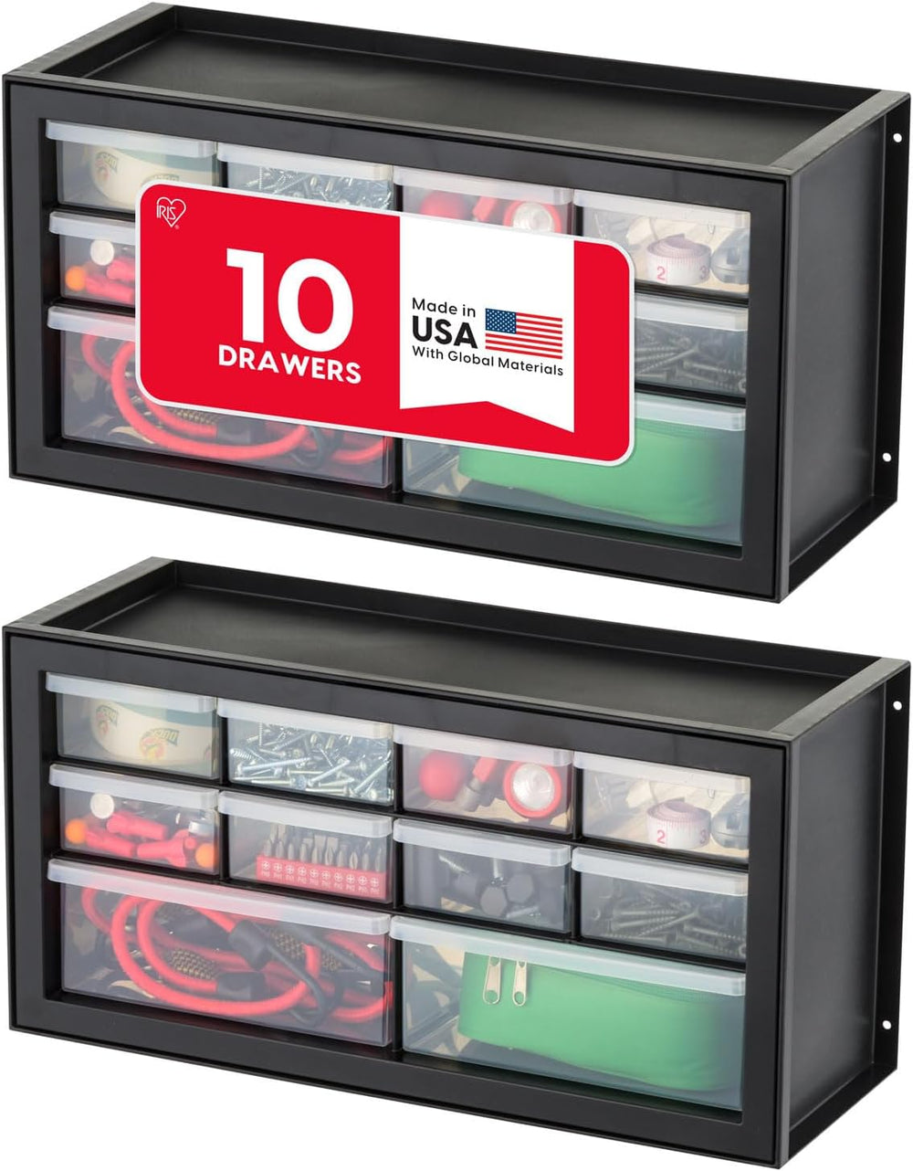 IRIS USA Plastic Storage Drawer Organizer, 10 Drawer Cabinet, 2 Pack, Black