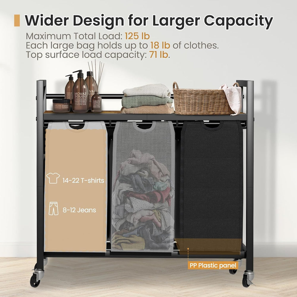 SwaaVee Laundry Sorter, Laundry Hamper 3 Section, 3×11.4Gal, Metal Frame Roll...