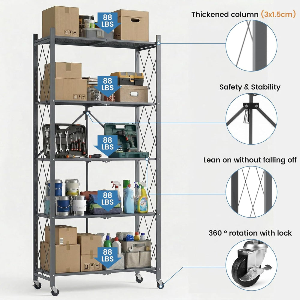 ALANNG 70.7" H Metal Storage Shelves, 5 Tier Folding Shelf on Wheels