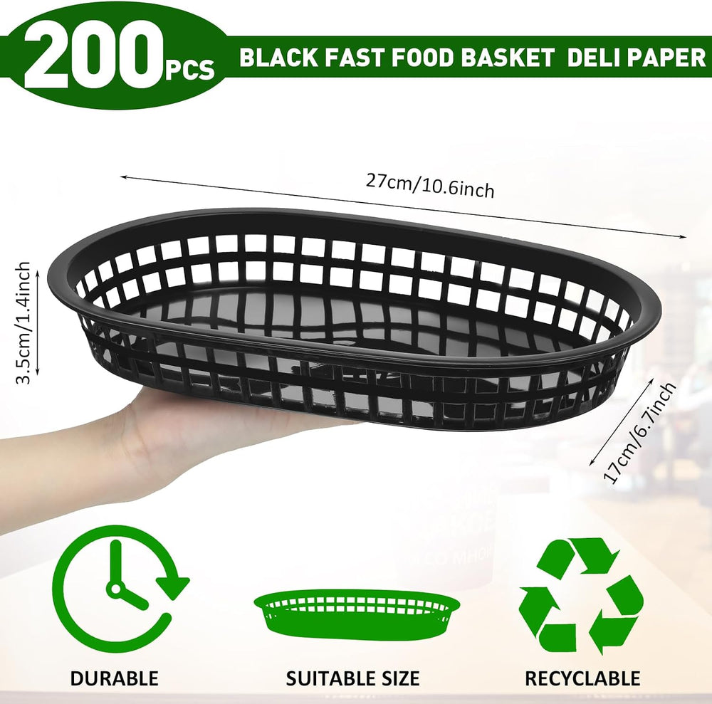 Mimorou 200 Pcs Black Fast Food Baskets 10.5 x 7 Inch