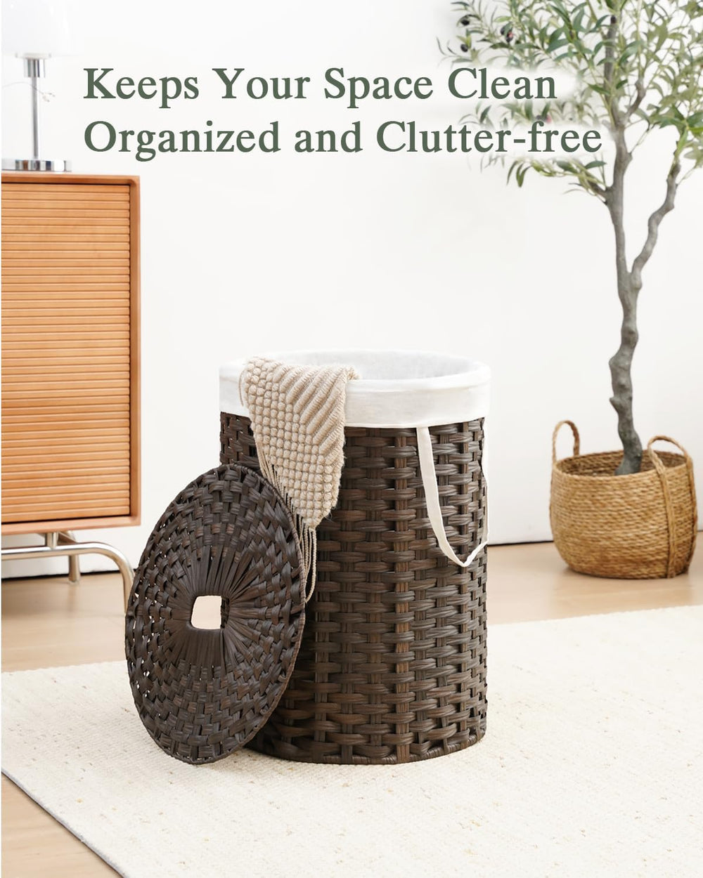 SETVSON Laundry Hamper with Lid 23.8 Gal (90 L) PE Rattan, Brown
