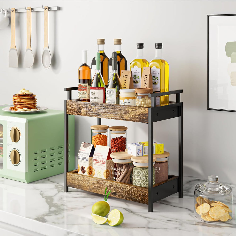 KLM Countertop Coffee Station Organizer, 2 Tier Wooden Shelf for Coffee Bar A...