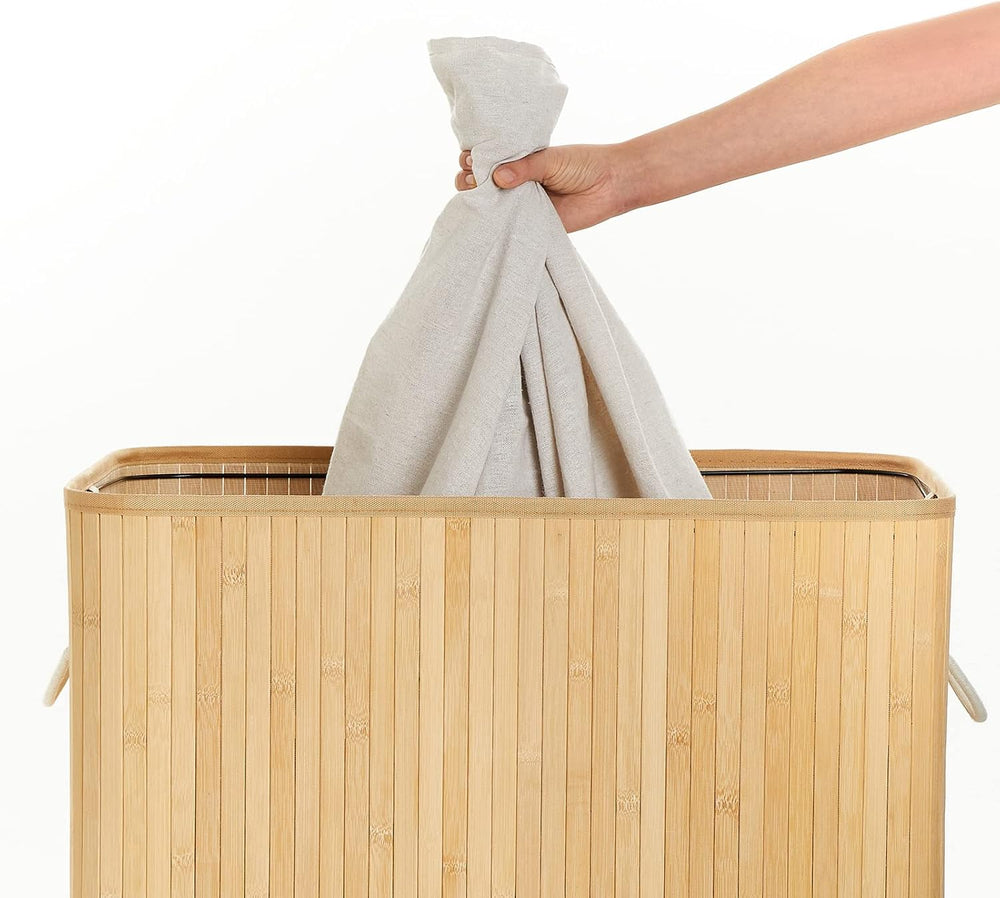 Mondeer Bamboo Laundry Basket Foldable with 3 Sections Storage Hamper with Re...