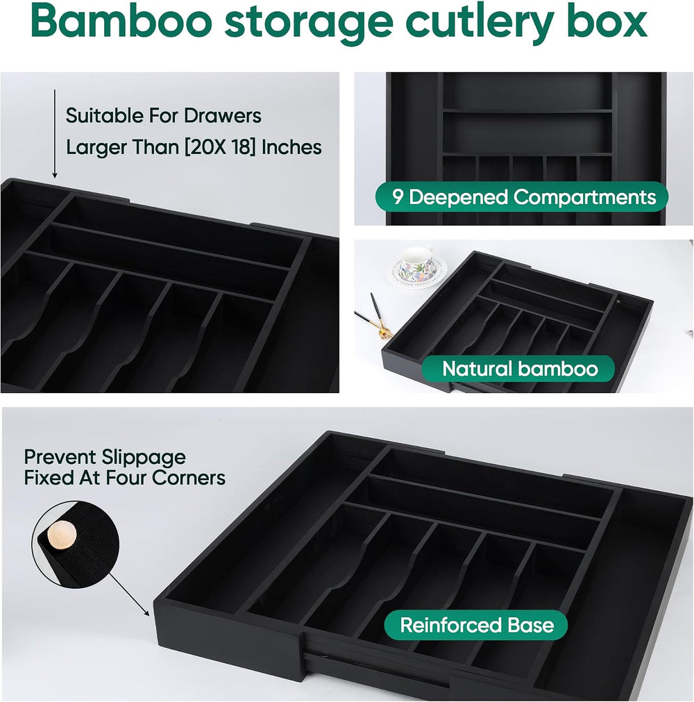 Bamboo Silverware Organizer, Expandable 9-Compartment Drawer Tray