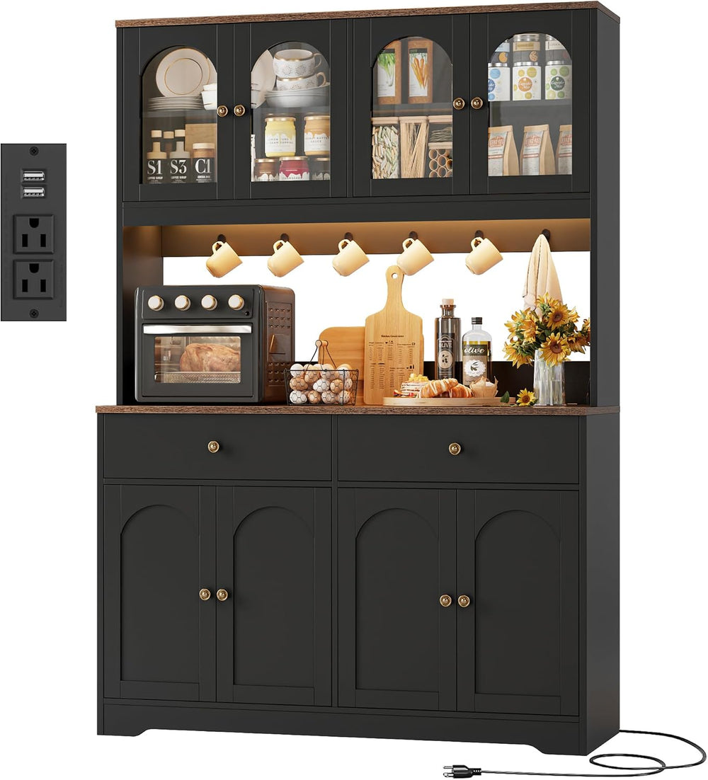 71" LED Kitchen Pantry Cabinet with Power Outlet, Tall Hutch, Black