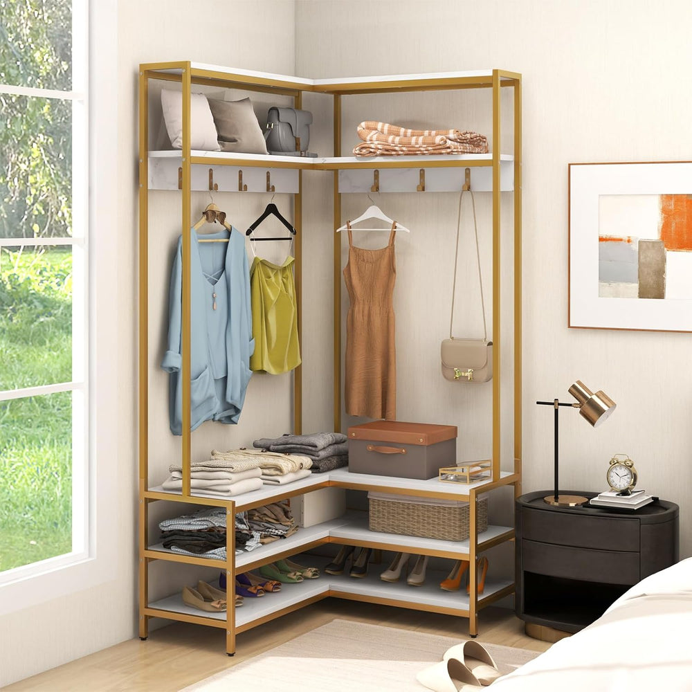 Multigot L-shaped Clothes Rack, Freestanding Corner Garment Rack Hall Tree wi...