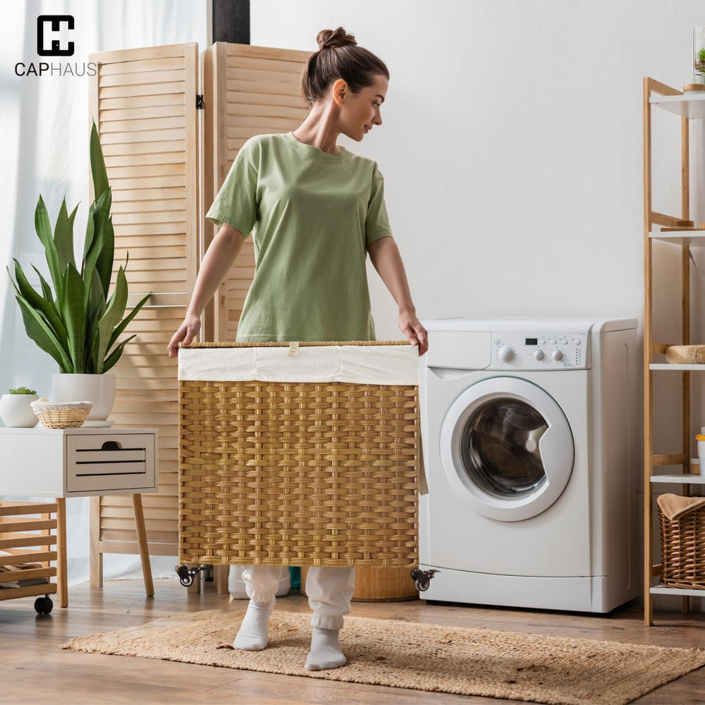 CAPHAUS Handwoven Basket w/Lid for Storage, Synthetic Rattan Laundry Hamper w...