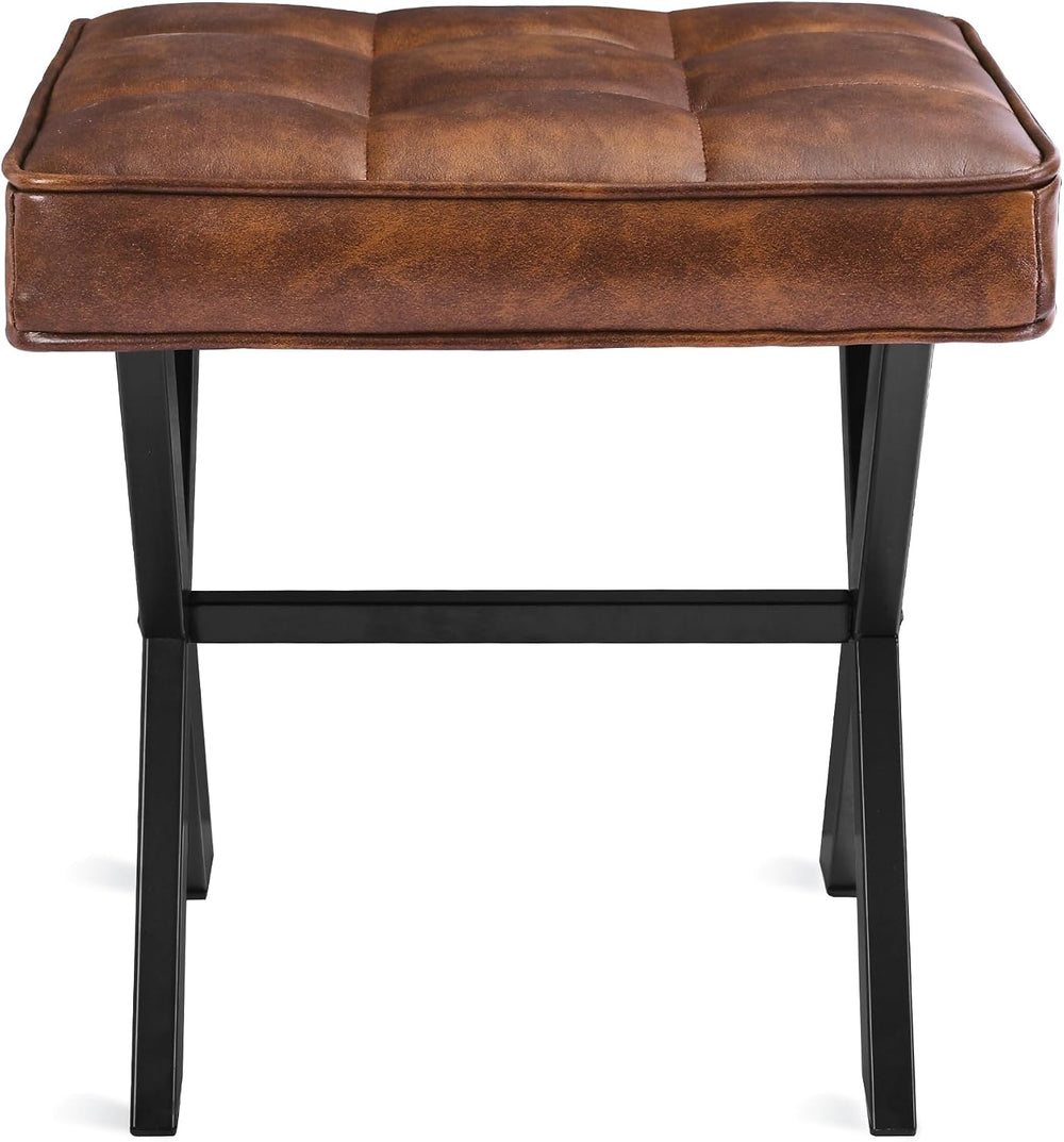 LUE BONA Vanity Stool, Square Faux Leather Makeup Stool with Metal X Legs, Sm...