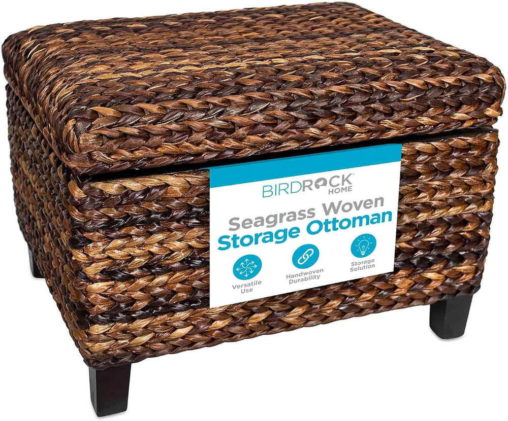 BIRDROCK HOME Woven Seagrass Storage Ottoman with Safety Hinges - Easy-to-Ope...
