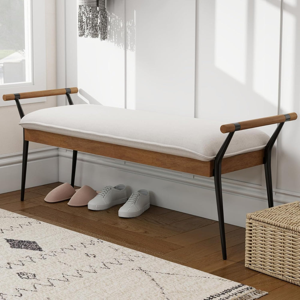 DUOMAY Modern Chenille Ottoman Bench with Arms & Metal Legs, White