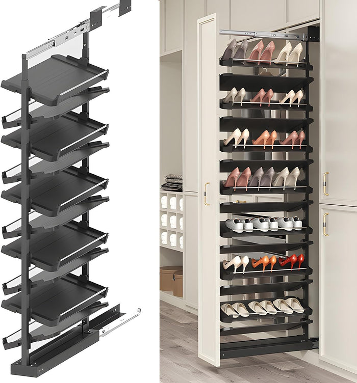 4-15 Tier Cabinet Pull Out Shoe Rack, Adjustable Vertical Shoe Organizer for Closet and Wardrobe Cabinet, Heavy Duty Slide Out Shoe Storage System, Under Stairs Storage, Fits Depth 17.7"-34.3"