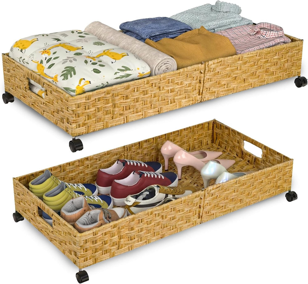 Under Bed Storage Containers with Wheels, 31.5” Large Handwoven Rattan Rollin...