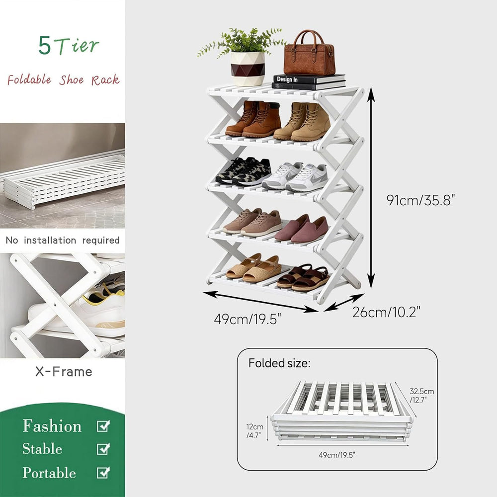 5 Tier Bamboo Shoe Rack White,Portable Folding Shoe Storage Rack,Without Inst...