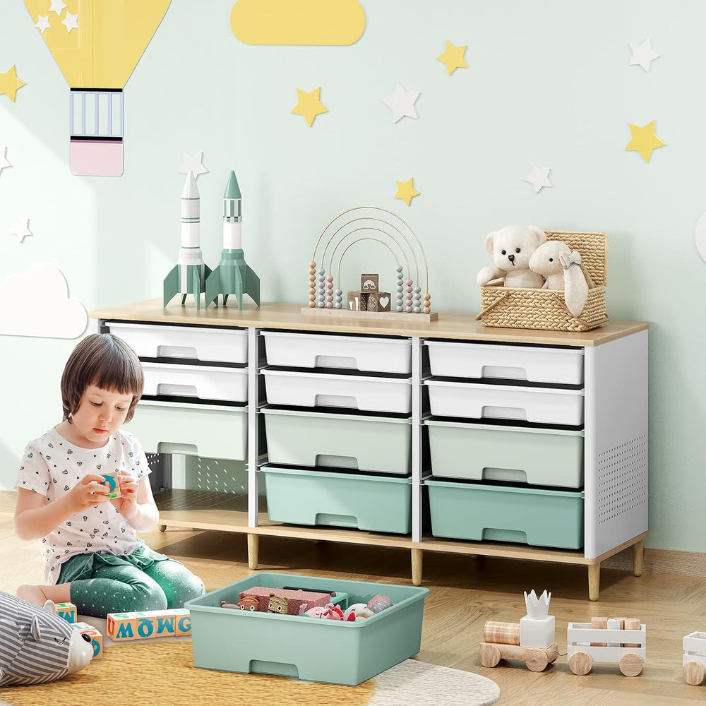 TOOLF 12 Drawers Storage Cabinet with Wooden Top and Plastic Bins,Green
